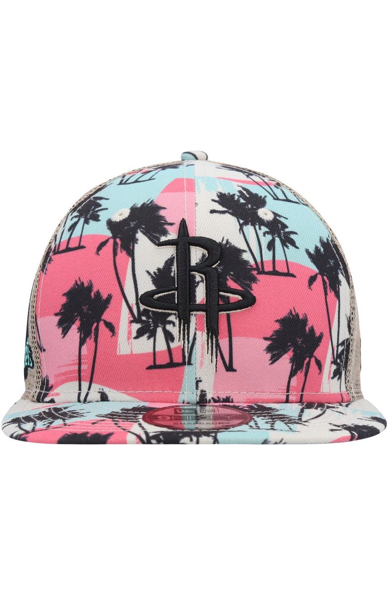 New Era Men's New Era Cream Houston Rockets Palm Trees 9FIFTY Trucker Snapback Hat, Alternate, color, 