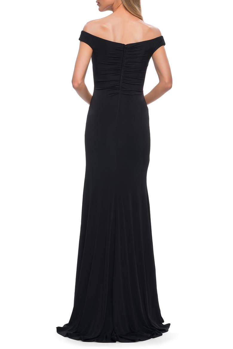 Off the Shoulder Ruched Jersey Gown, Alternate, color, BLACK