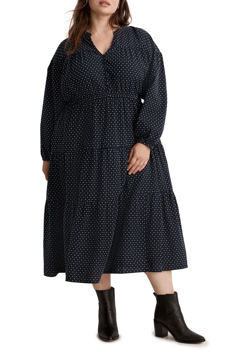 V-Neck Tiered Long Sleeve Dobby Midi Dress, Main, color, BLACK JACQUARD