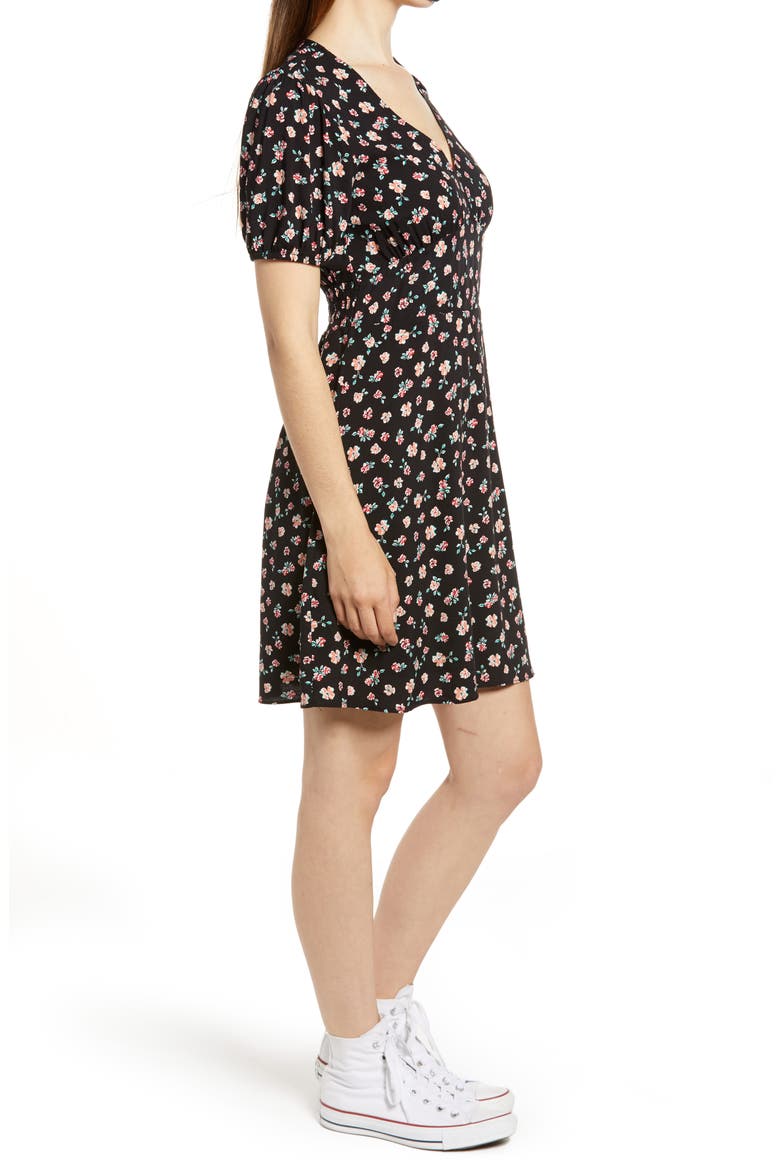 Floral Deep-V Minidress, Alternate, color, BLACK DAISY PRINT