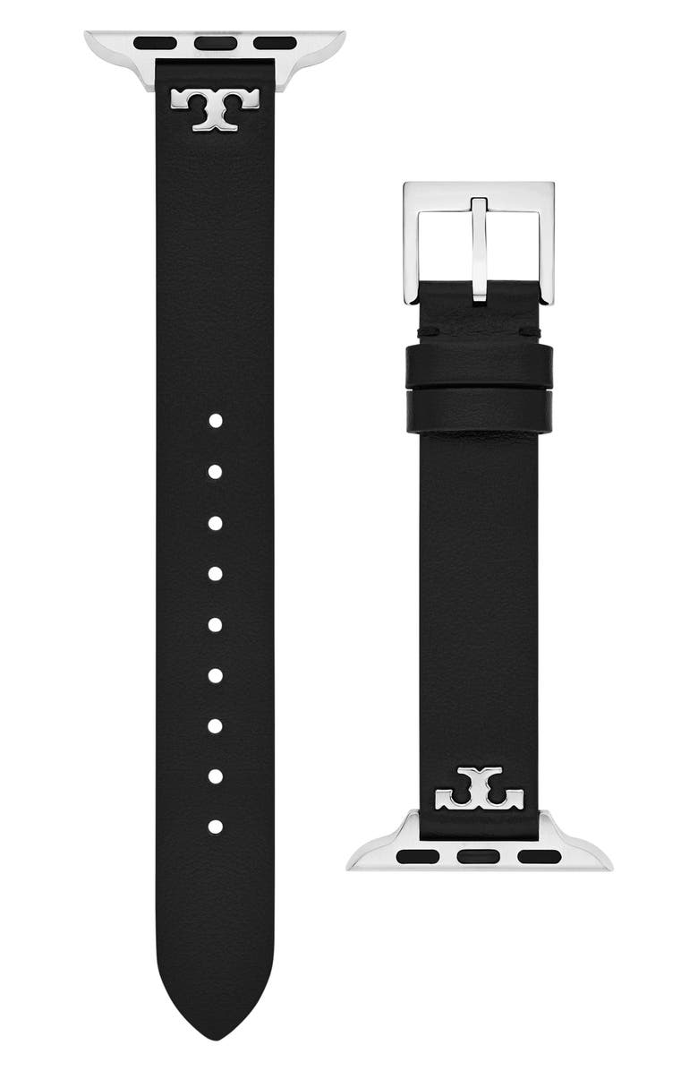 Tory Burch The 'T' Leather 14mm Apple Watch<sup>®</sup> Watchband, Main, color, Black