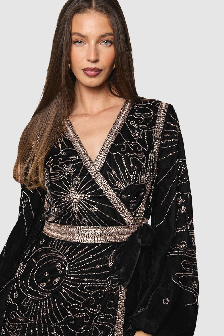 Party Sequin Velvet Wrap Mini Dress, Alternate, color, Black