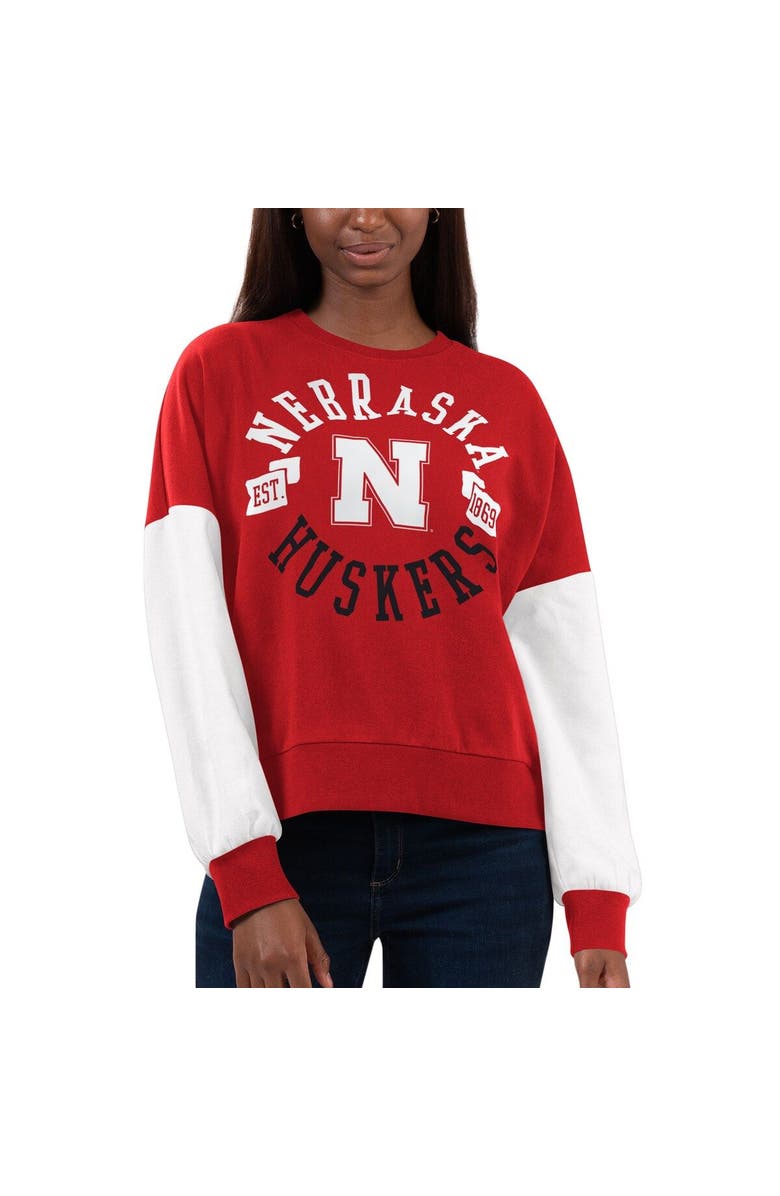 G-III 4HER BY CARL BANKS Women's G-III 4Her by Carl Banks Scarlet/White Nebraska Huskers Team Pride Colorblock Pullover Sweatshirt, Main, color, 