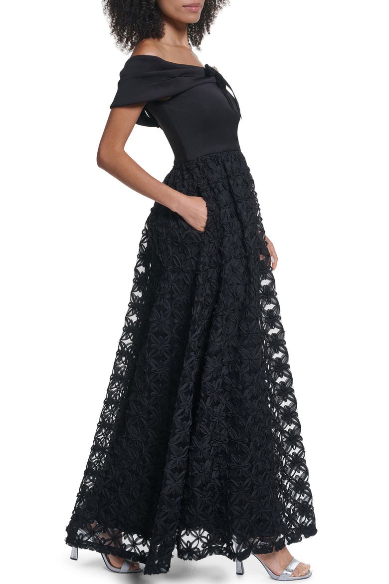 Velvet Bow Off the Shoulder Gown, Alternate, color, BLACK