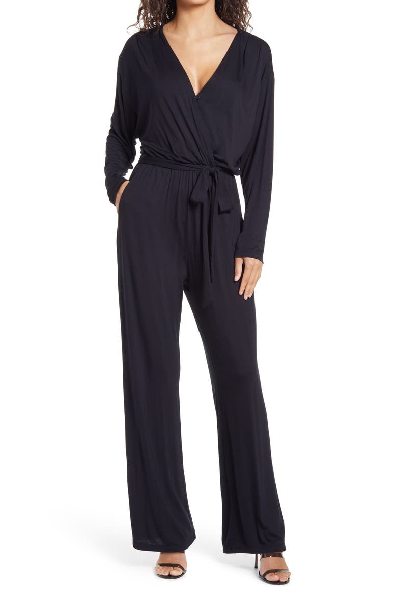 Faux Wrap Long Sleeve Jumpsuit, Main, color, BLACK