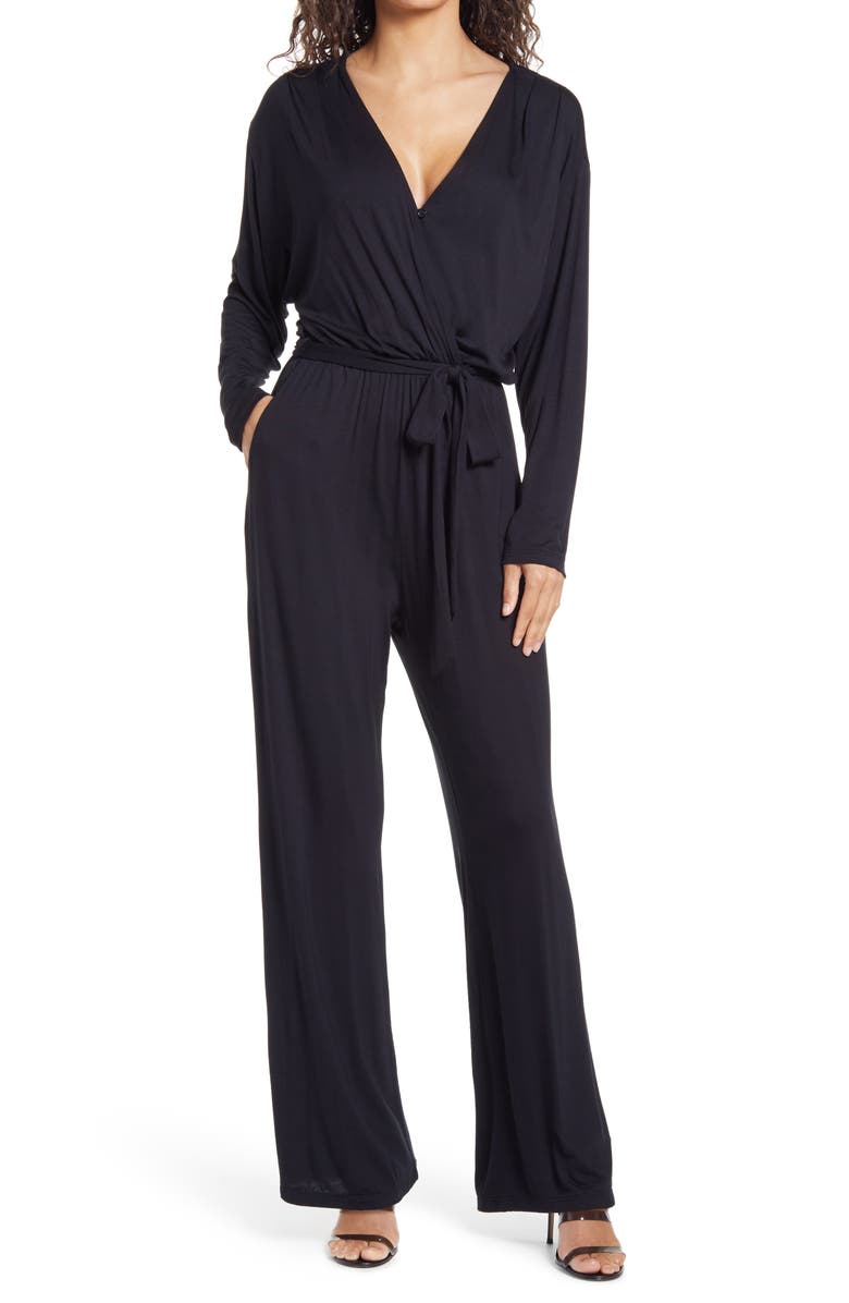 Fraiche by J Faux Wrap Long Sleeve Jumpsuit, Main, color, 