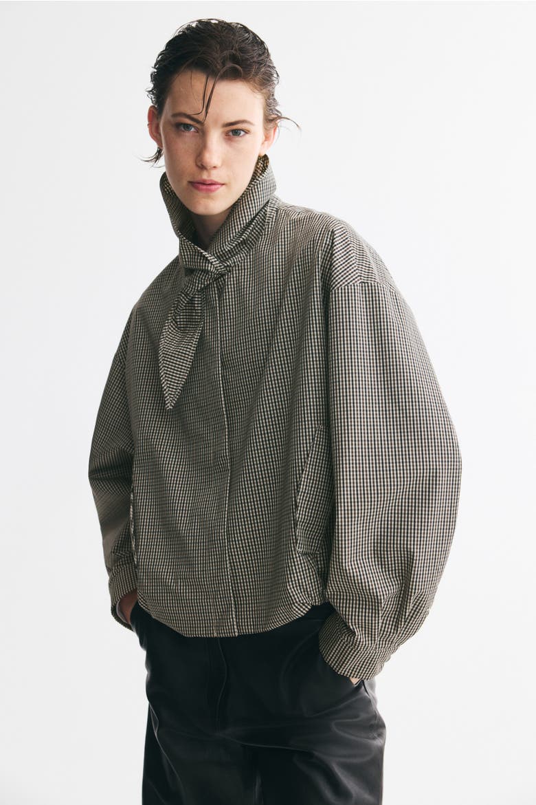 Scarf-collar Bubble-hem Jacket, Main, color, Taupe/checked
