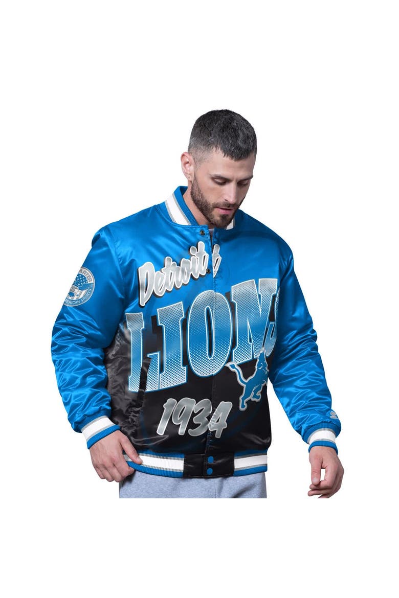 Men's Starter Blue Detroit Lions Pass Rush Varsity Full-Snap Jacket, Main, color, Blue