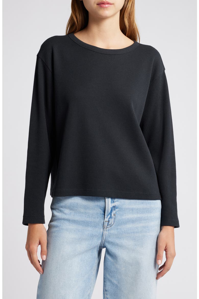 Shrunken Crop Boxy Thermal Crewneck Top, Main, color, BLACK JET