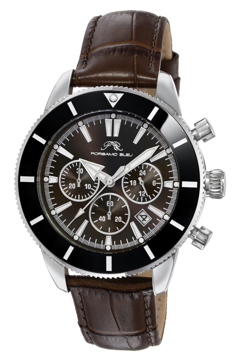 Brandon Leather Strap Chronograph, 44mm, Main, color, BLACK-COGNAC