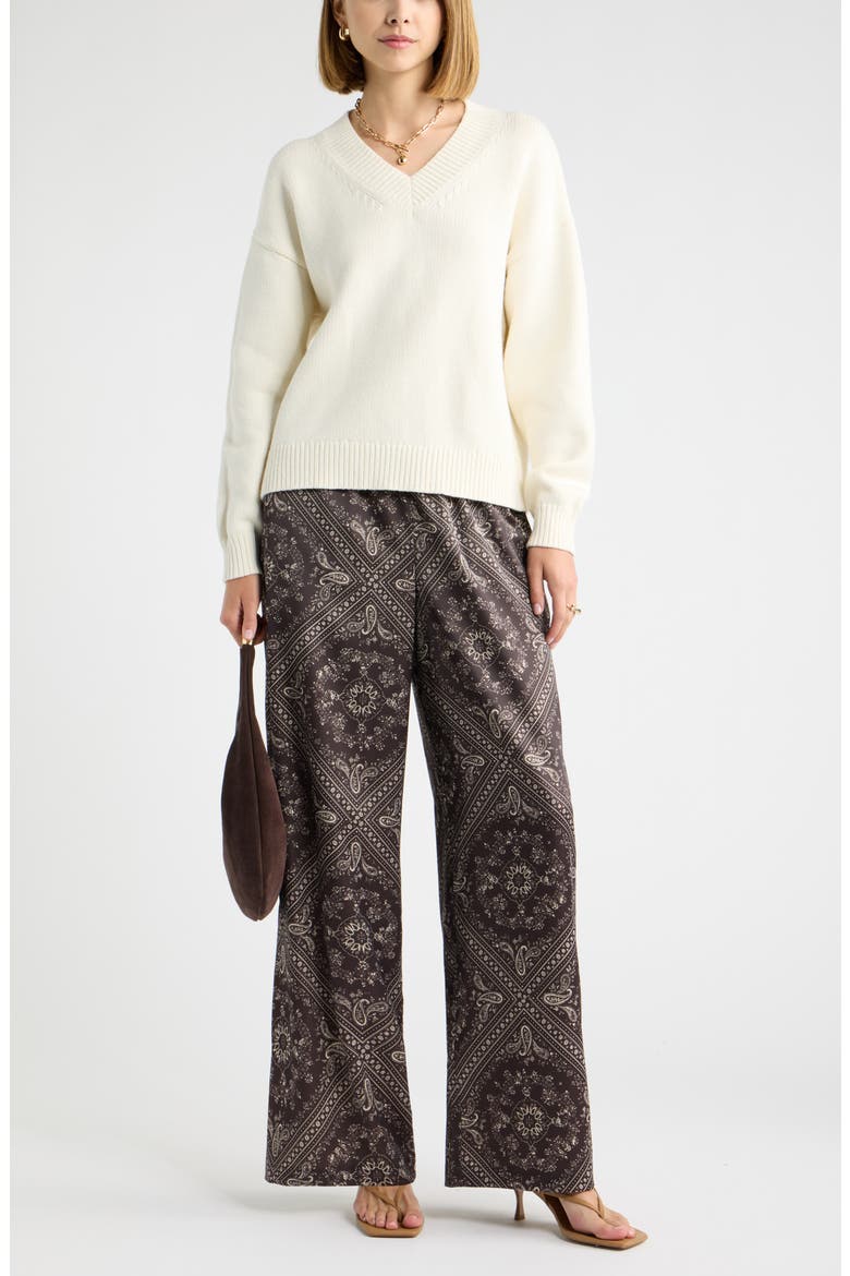 Print Satin Pull On Wide Leg Pants, Alternate, color, BROWN- IVORY SOL BANDANA