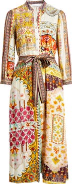 Elie Tahari Fran Baroque Print Long Sleeve Tie Waist Silk Blend Shirtdress