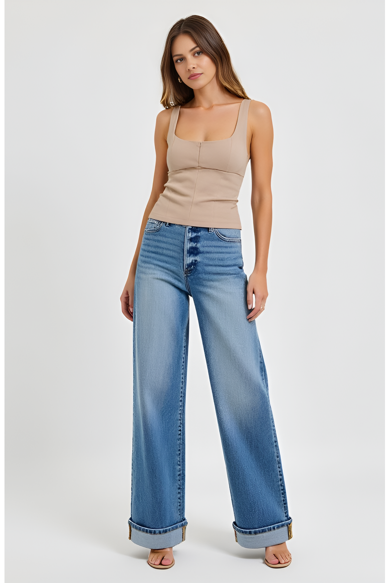 Wide Leg Button-Fly Cuffed Jeans with Front Patch Pockets, Alternate, color, Medium-Dark Wash