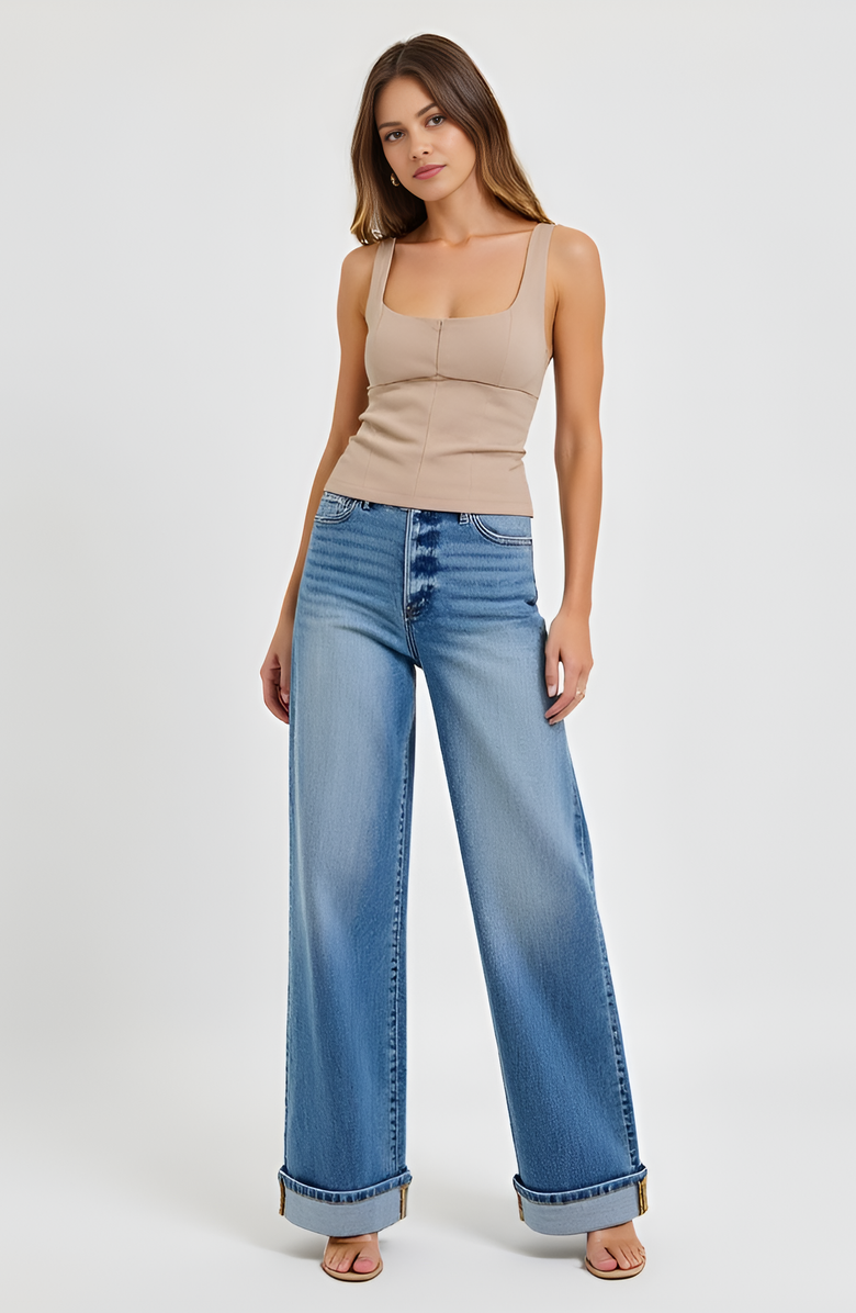 Modenaire Wide Leg Button-Fly Cuffed Jeans with Front Patch Pockets, Alternate, color, Medium-Dark Wash
