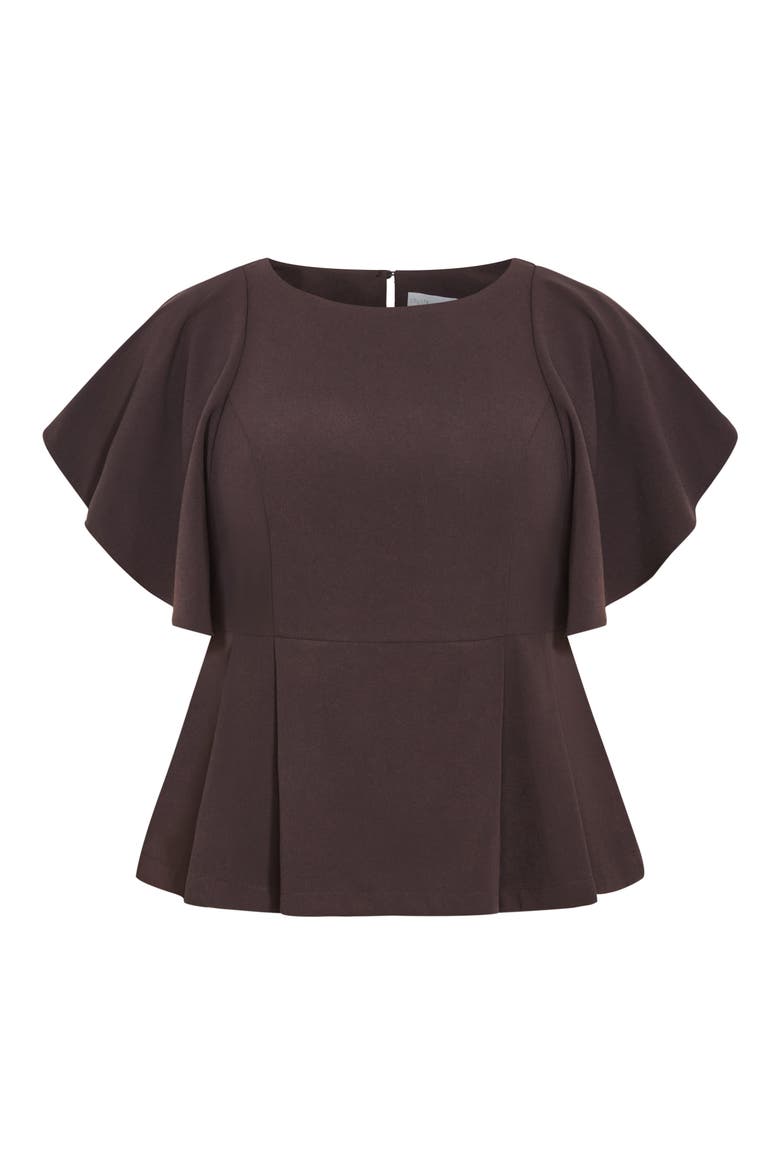 Flutter Sleeve Peplum Top, Alternate, color, CHOCOLATE