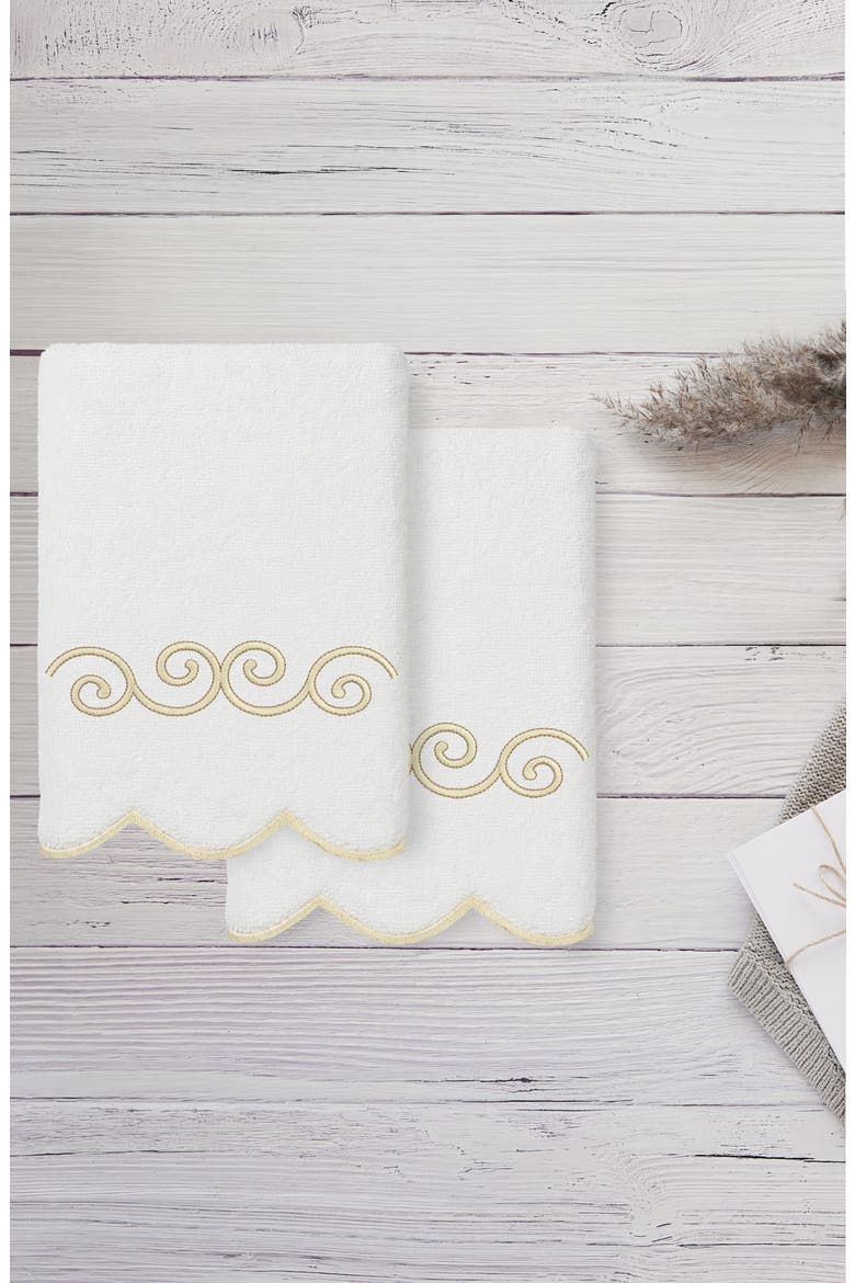 Symmetra Scallop Set of 2 Hand Towels, Alternate, color, WHITE/ BEIGE
