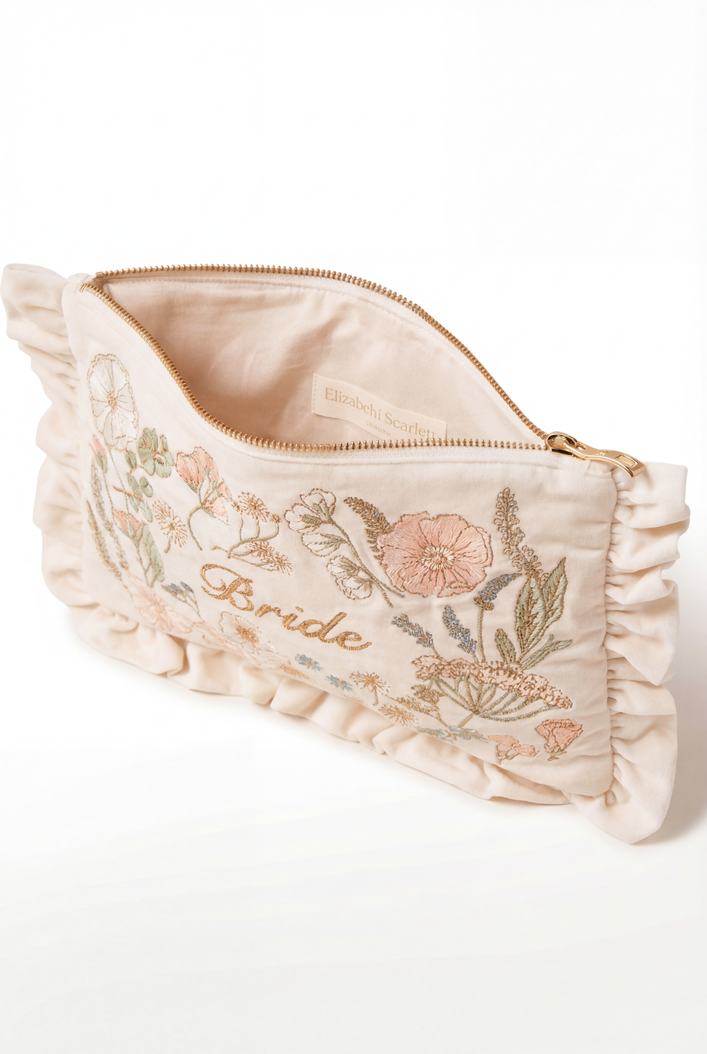 Elizabeth Scarlett Pressed Flowers Bride Velvet Frill Pouch, Alternate, color, Cream