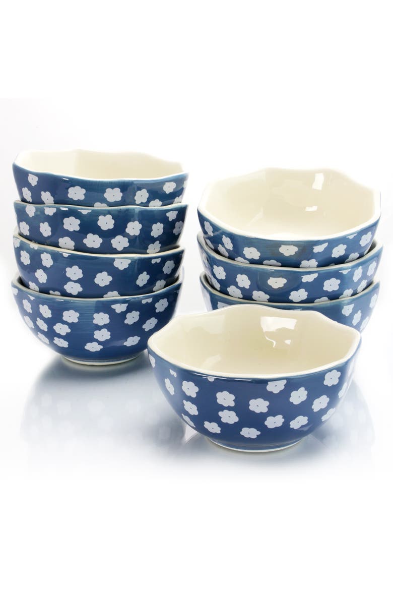8pc 4.75" Shaped Durastone Fruit Bowls in Blue/White, Main, color, Blue