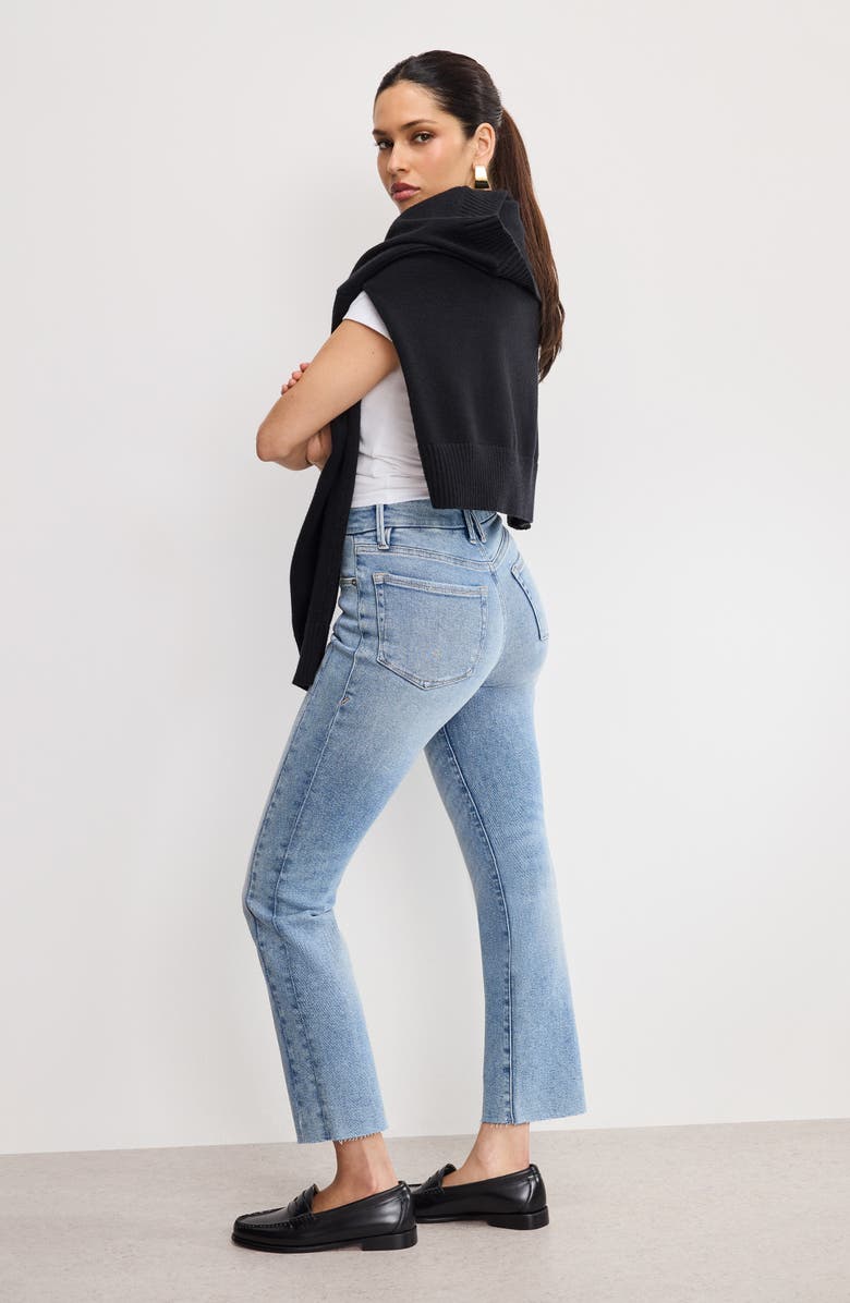 Good American Soft-Tech Good Straight Raw Hem Ankle Straight Leg Jeans, Alternate, color, Indigo799