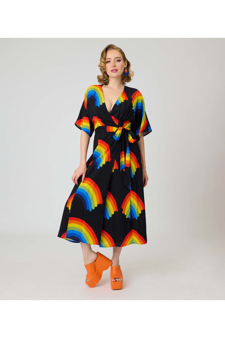 Tie Wrap Surplice Midi Dress, Main, color, Black w/ Rainbow Print