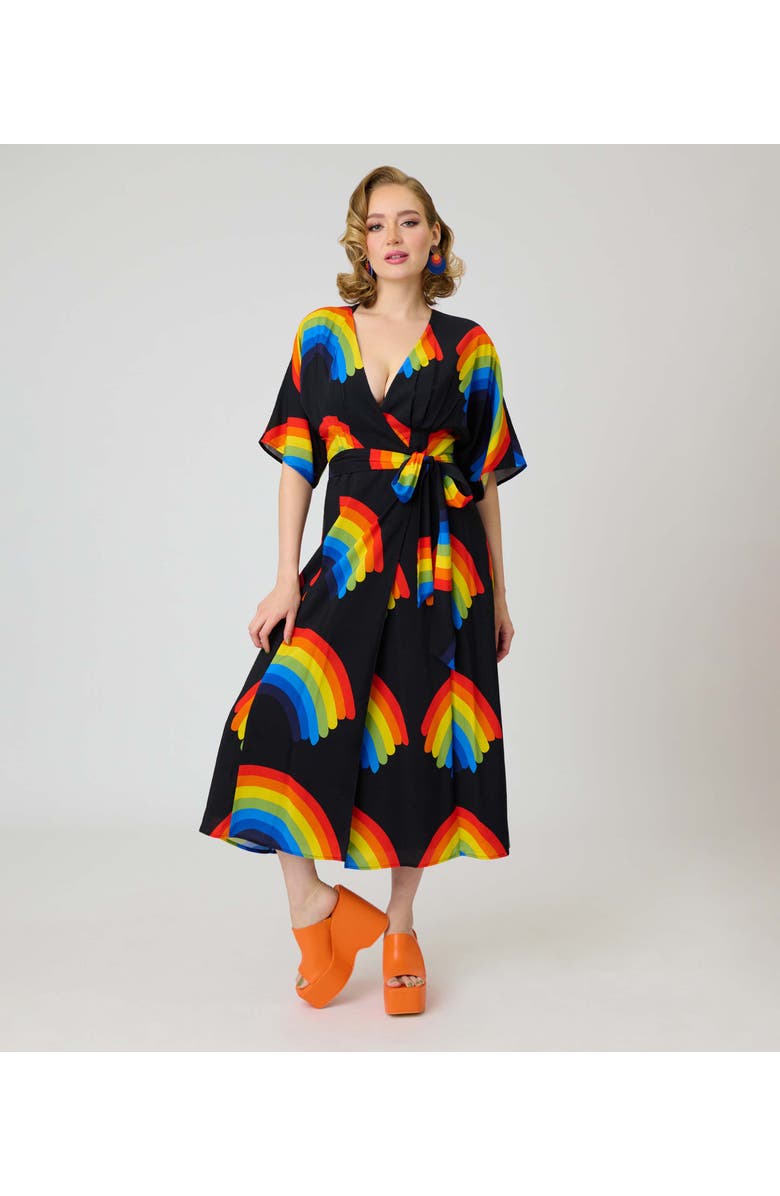 Unique Vintage Tie Wrap Surplice Midi Dress, Main, color, Black W/ Rainbow Print