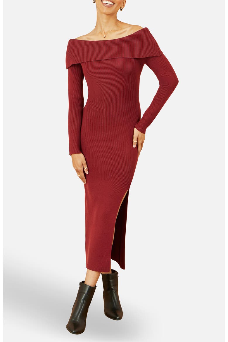 Bardot Knitted Fitted Midi Dress, Alternate, color, Burgundy