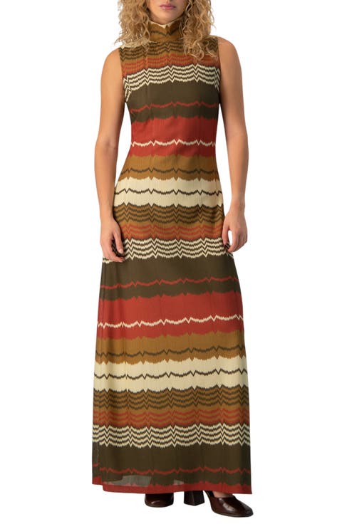 Colorblock Zigzag Knit Mock-neck Sleeveless Maxi Dress