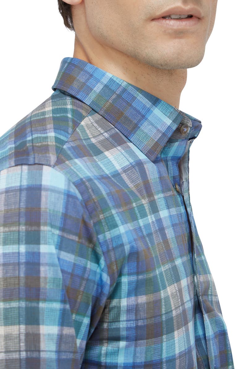 Bugatchi Karl Shaped Fit Check Stretch Button-Up Shirt, Alternate, color, Teal