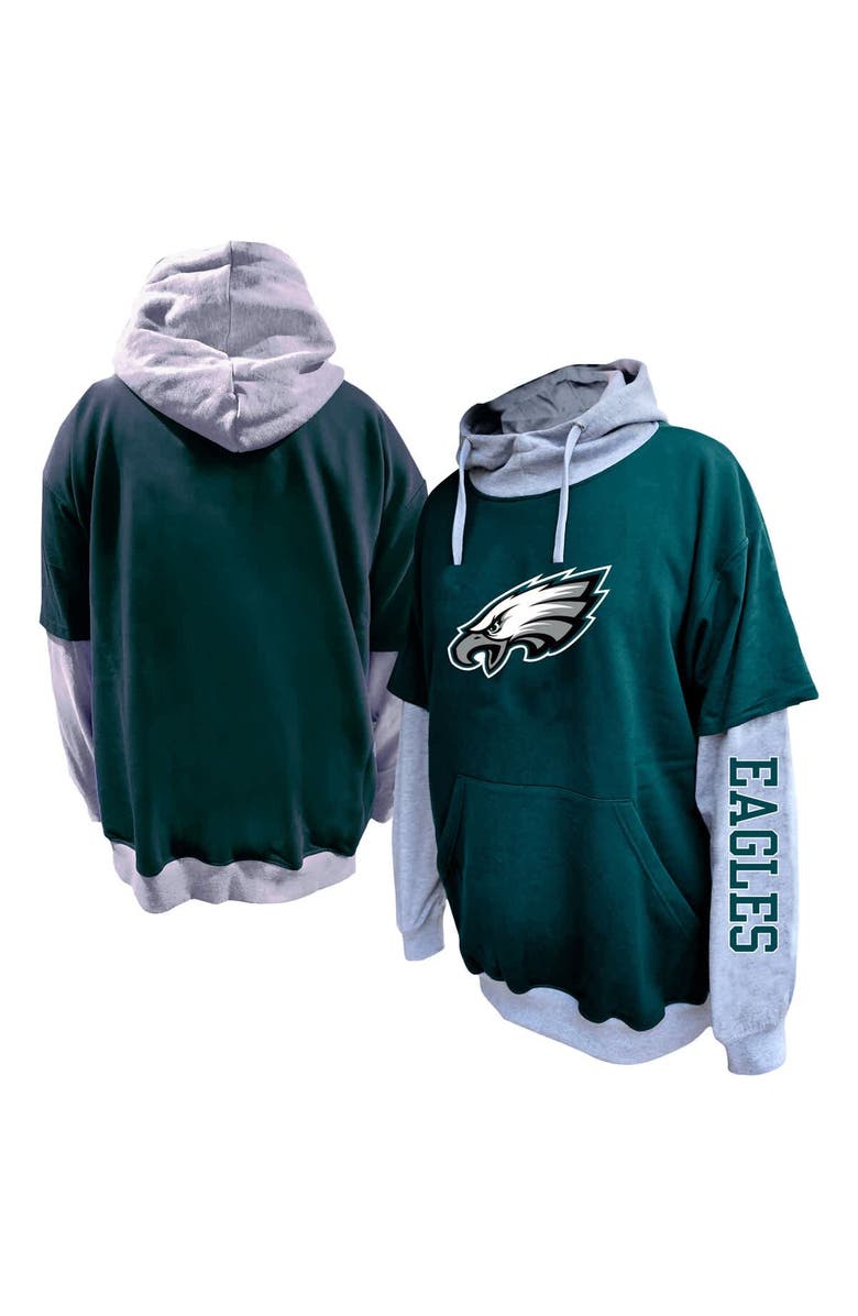 FANATICS Men's Fanatics Green/Heather Gray Philadelphia Eagles Big & Tall Twofer Pullover Hoodie, Main, color, 