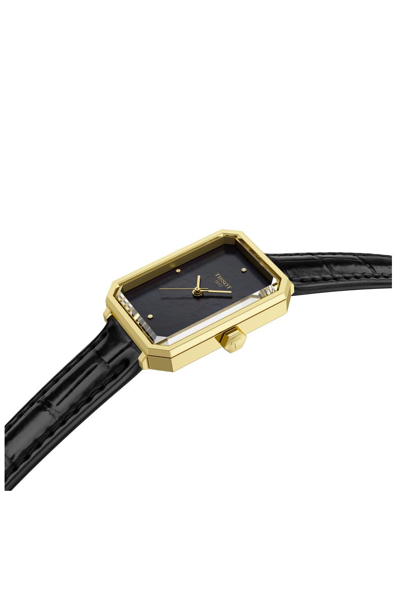 SRV Rectangle Couture Mother-of-Pearl & Diamond Leather Strap Watch, 30mm, Alternate, color, BLACK MOTHER OF PEARL