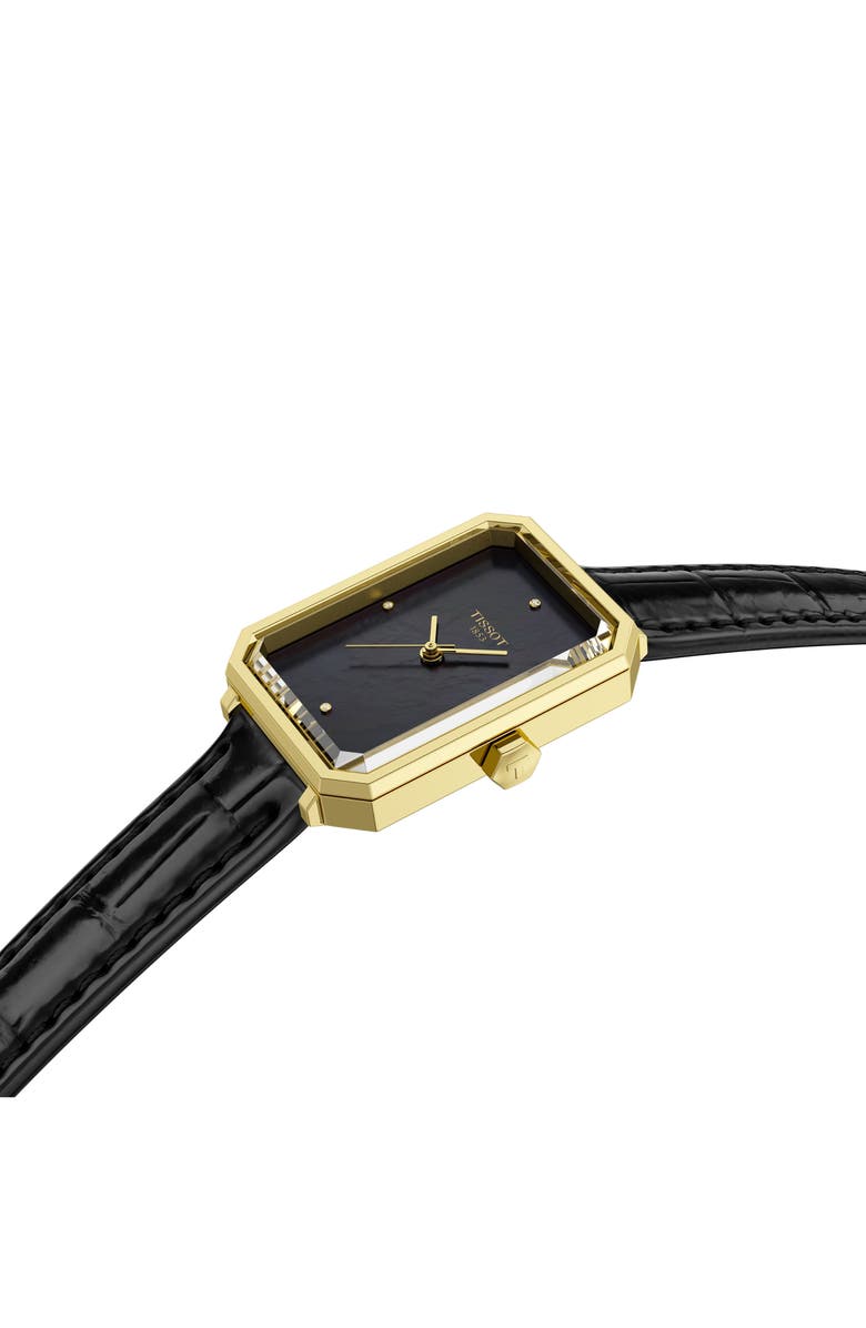 Tissot SRV Rectangle Couture Mother-of-Pearl & Diamond Leather Strap Watch, 30mm, Alternate, color, Black Mother Of Pearl