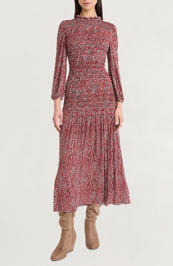 The Good Journey Smocked Long Sleeve Maxi Dress In Red