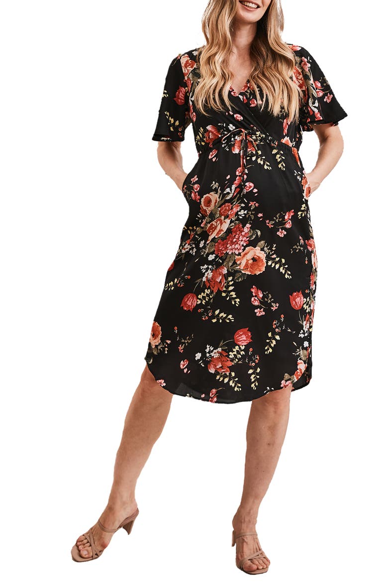 Floral Drawstring Maternity Dress, Main, color, BLACK