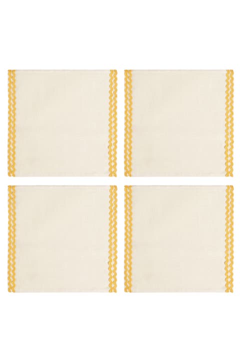 Nilufer Rick Rack Embroidered 100% Linen Napkin Set Of 4