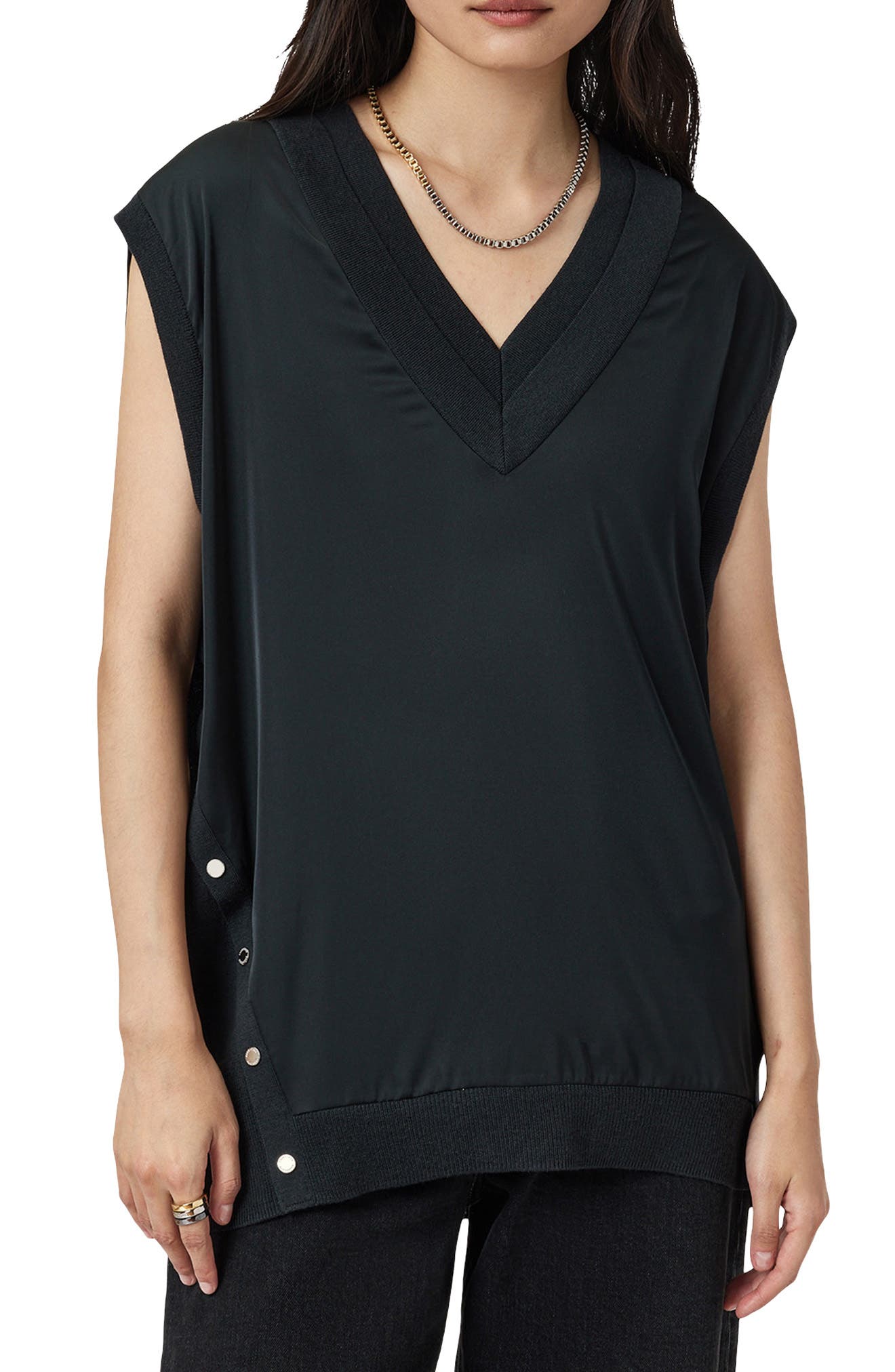 AllSaints Bern Side Snap Mixed Media Sweater Tank