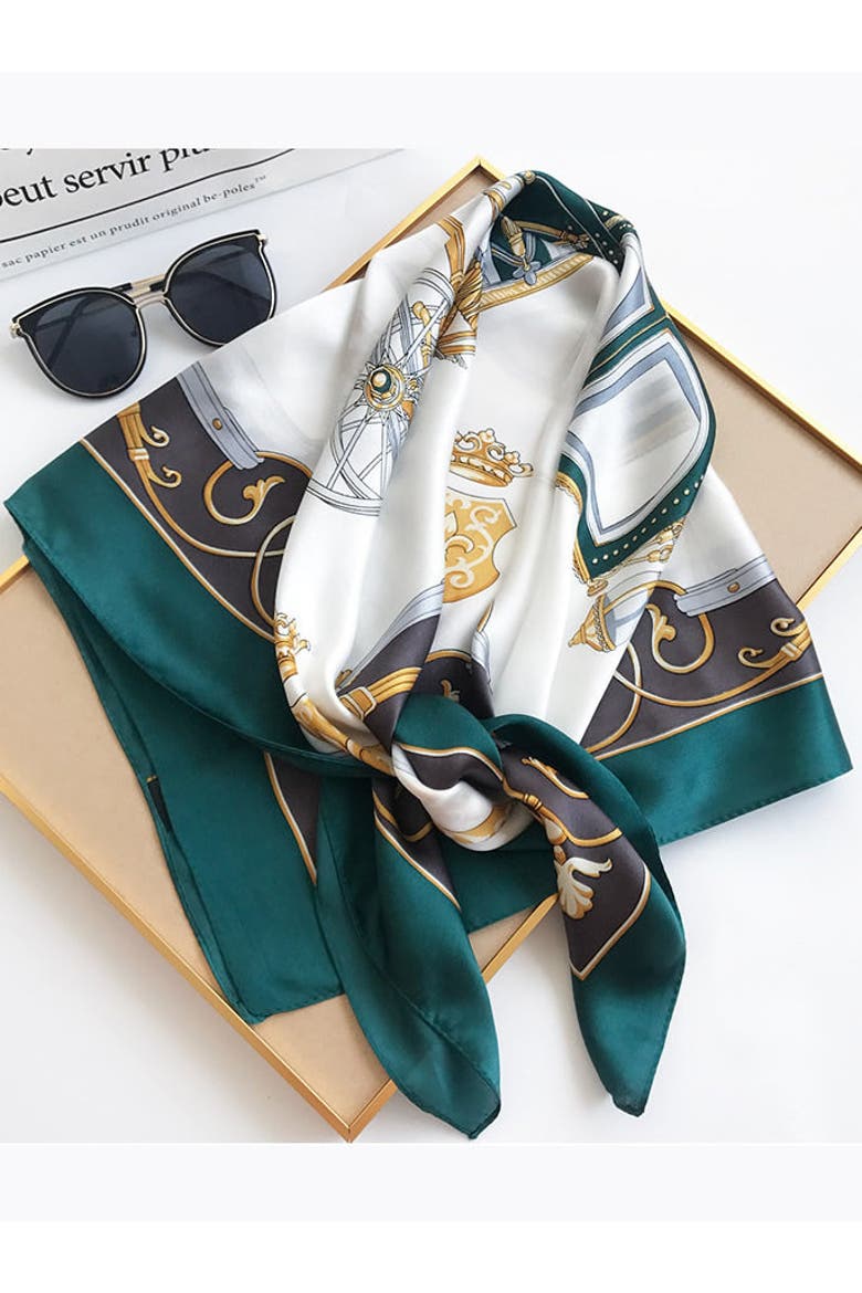 Pure Mulberry Silk Printed Square Shawl Scarf, Alternate, color, DarkGreen