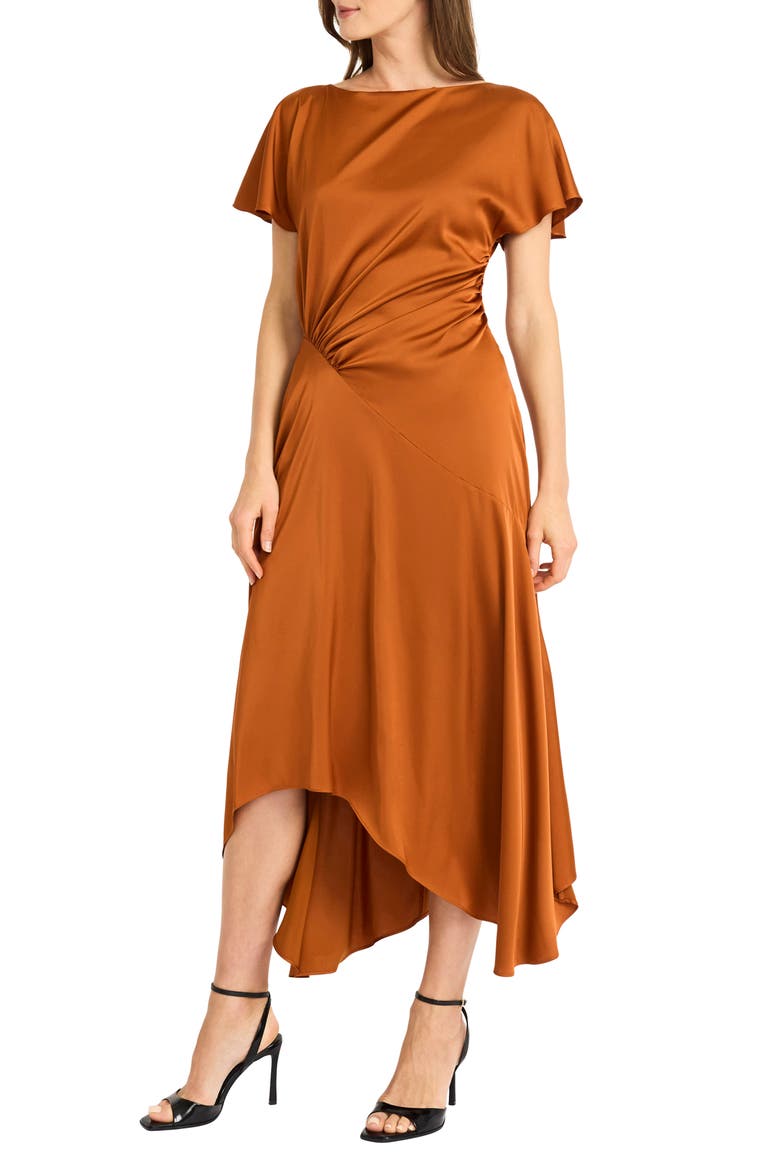 Short Sleeve Asymmetric Hem Satin Midi Dress, Alternate, color, FIRED BRICK