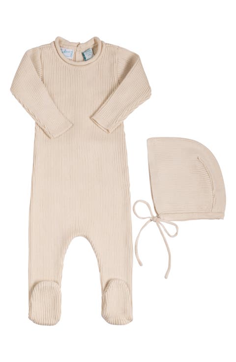 Rolled Collar Rib Knit Footie & Bonnet Set (Baby)