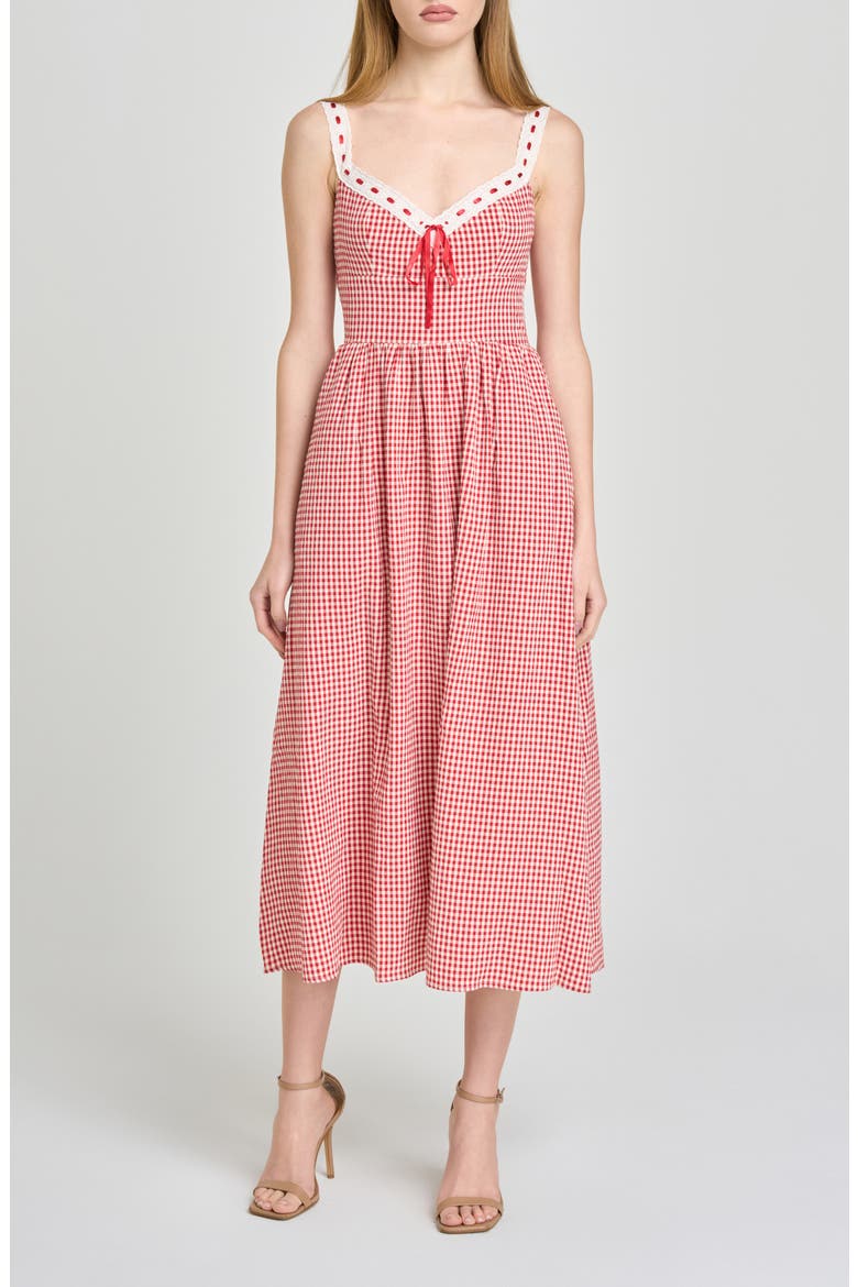 Lilibet Gingham Lace Trim Midi Dress, Alternate, color, RED