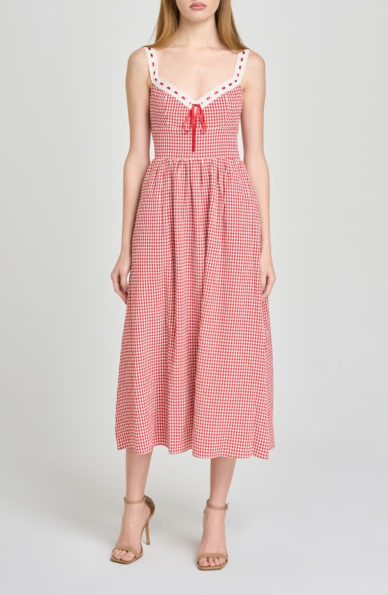 WAYF Lilibet Gingham Lace Trim Midi Dress, Main, color, Red