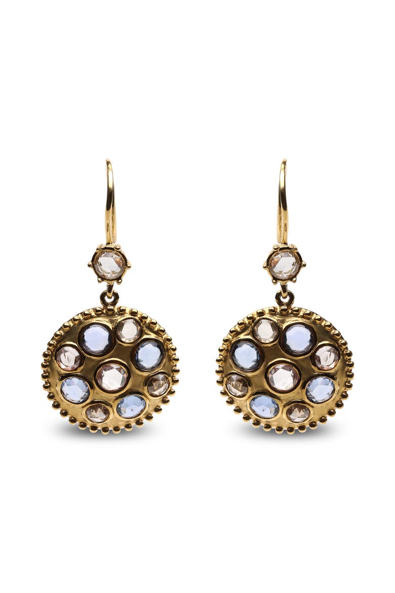 18K Gold 1 2/3 Cttw Diamond and Blue Sapphire Gemstone Medallion Dangle Earrings, Main, color, Yellow