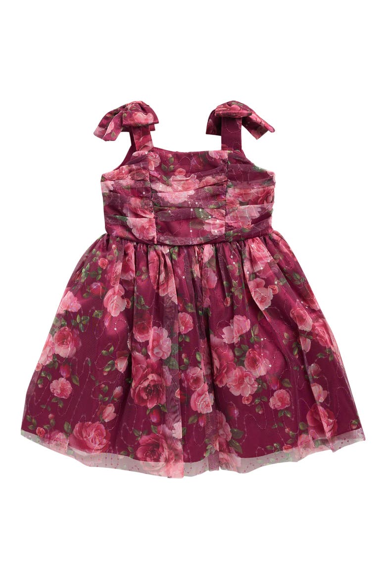 Kids' Shirred Floral Dress with Bows, Main, color, BURGUNDY
