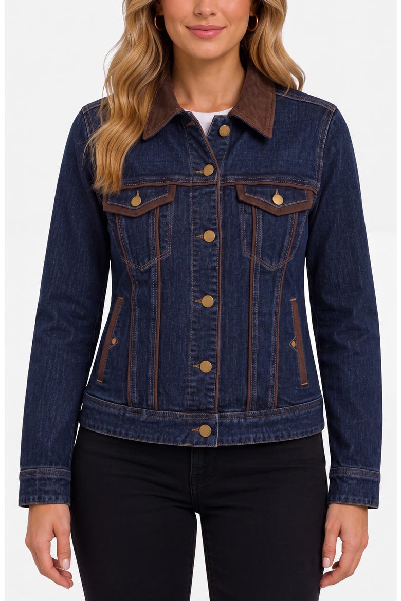 Velvet Trim Denim Trucker Jacket, Main, color, RIVERWALK
