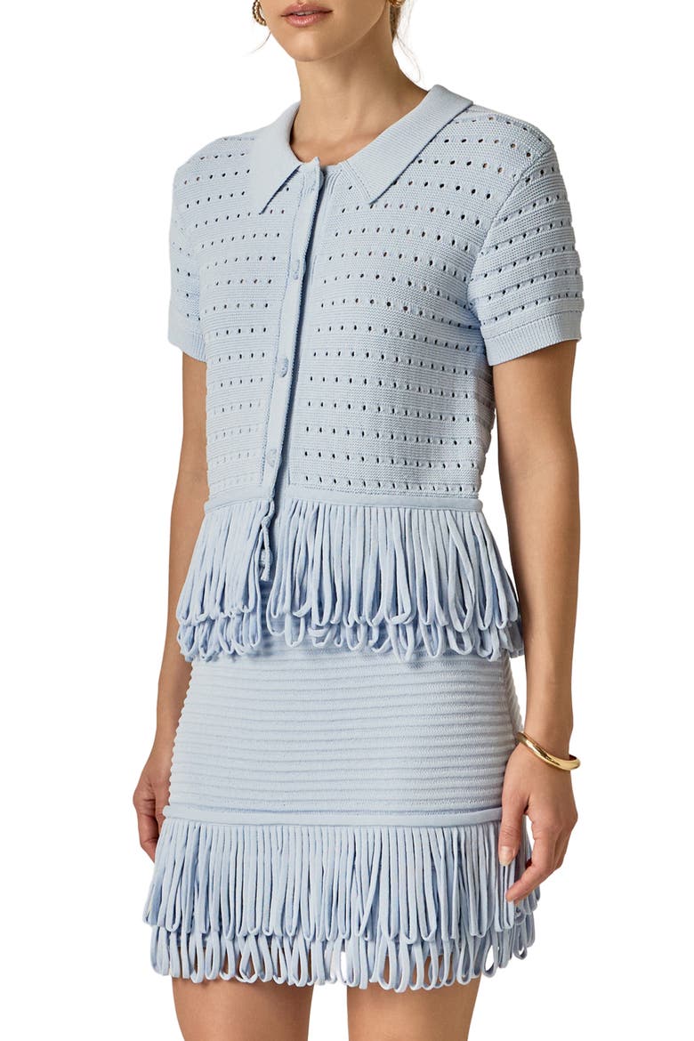 Fringe Trim Knit Shirt, Alternate, color, POWDER BLUE