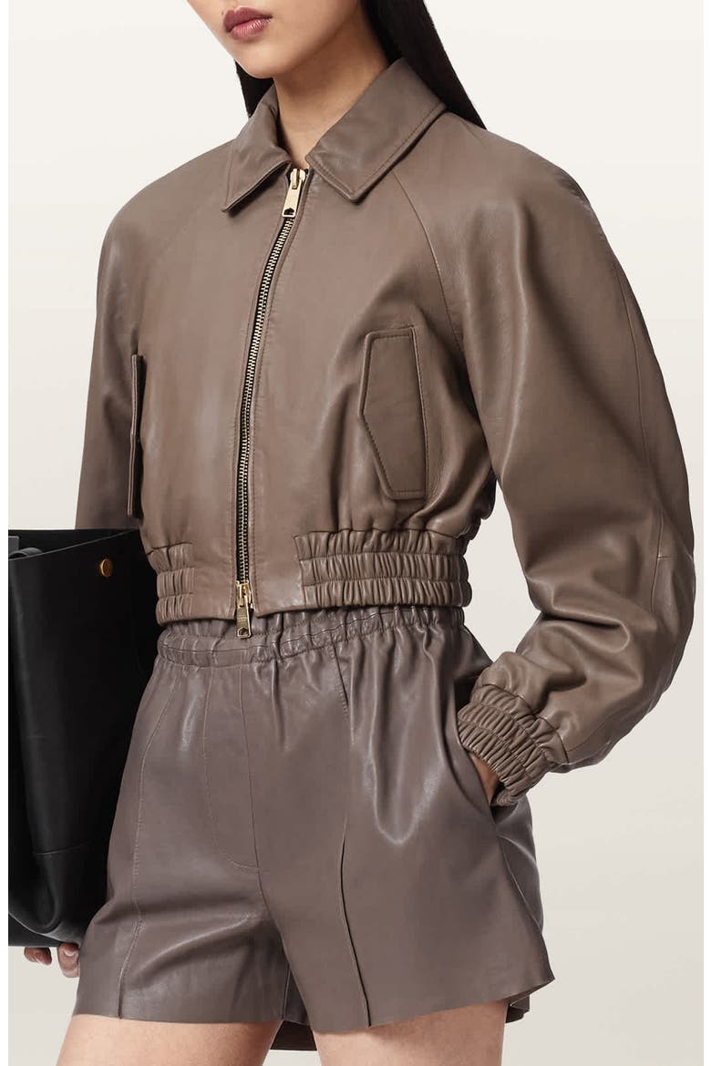 Anouk Leather Crop Bomber Jacket, Alternate, color, MOLE BROWN
