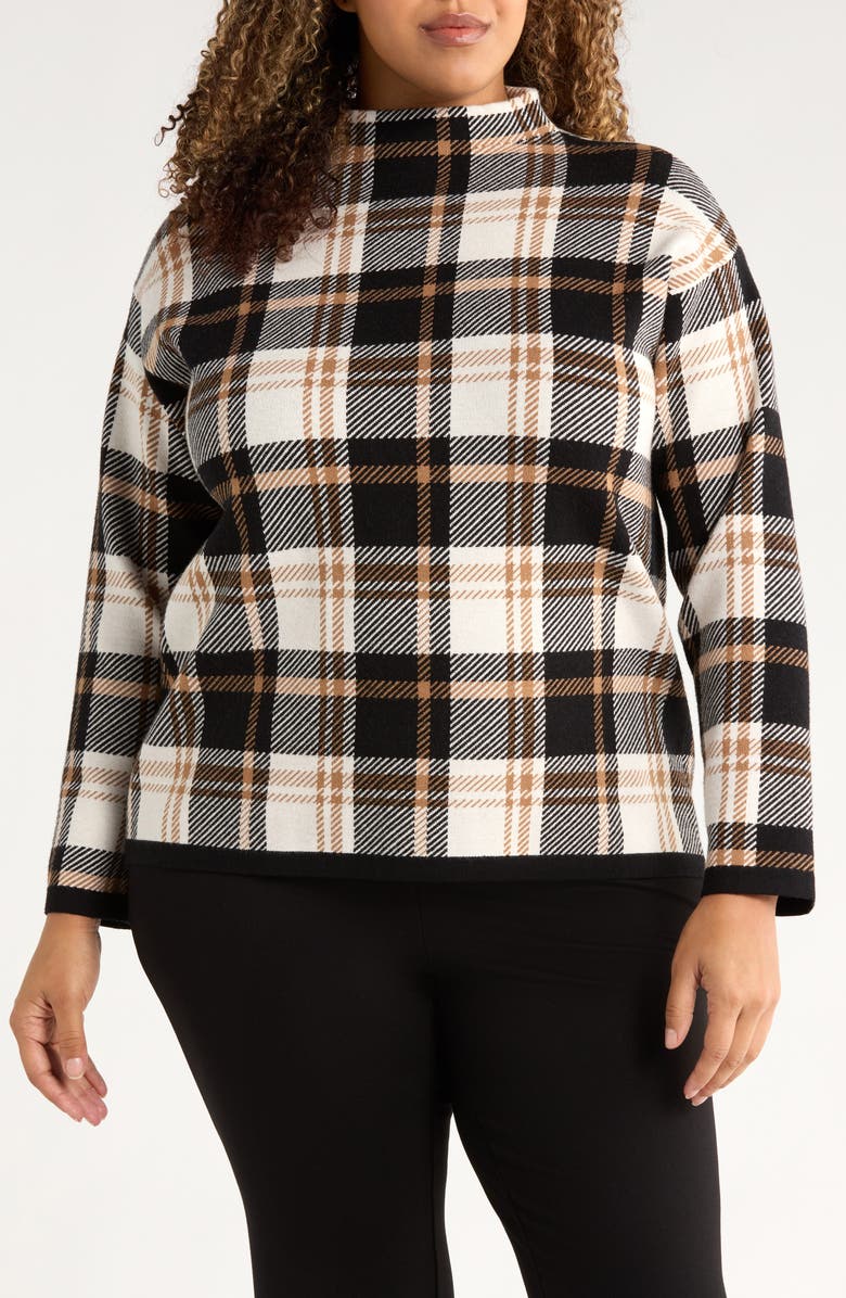 Jones New York Birdseye Plaid Mock Neck Knit Top, Main, color, Caramel/ Jones Black