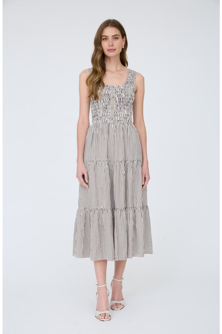 Stripe Sleeveless Smocked Tiered Midi Dress, Alternate, color, BROWN