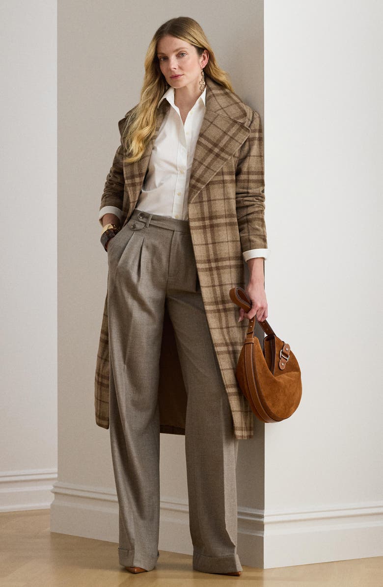 Lauren Ralph Lauren Plaid Wool Blend Twill Wrap Coat, Alternate, color, Taupe Multi
