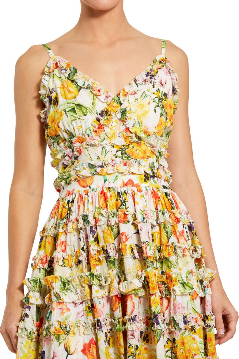 Floral Print Ruffle Tiered Midi Dress, Alternate, color, Yellow Multi