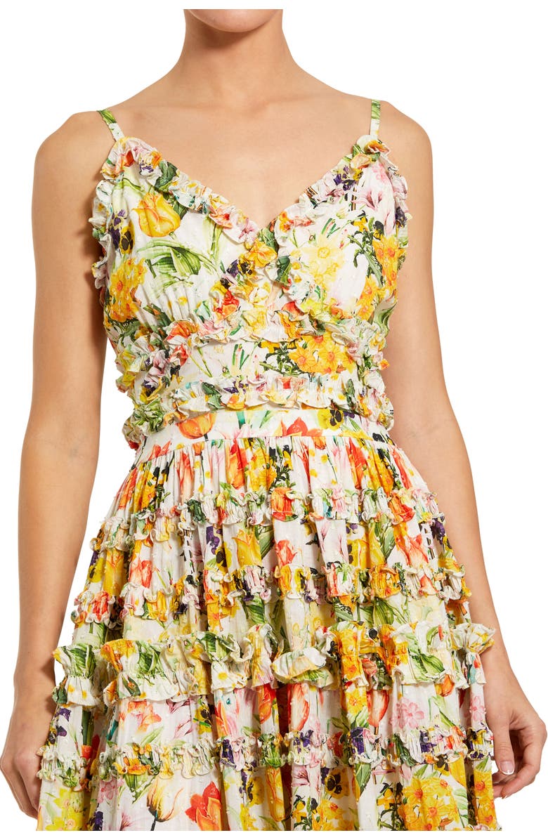 Mac Duggal Floral Print Ruffle Tiered Midi Dress, Alternate, color, Yellow Multi
